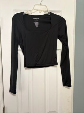 Pink Rose Black Long Sleeve Square-Neck Crop Top